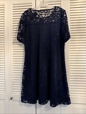 Nina Leonard Navy Floral Lace Dress
